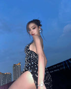 Halter rhinestone asymmetrical high slit dress