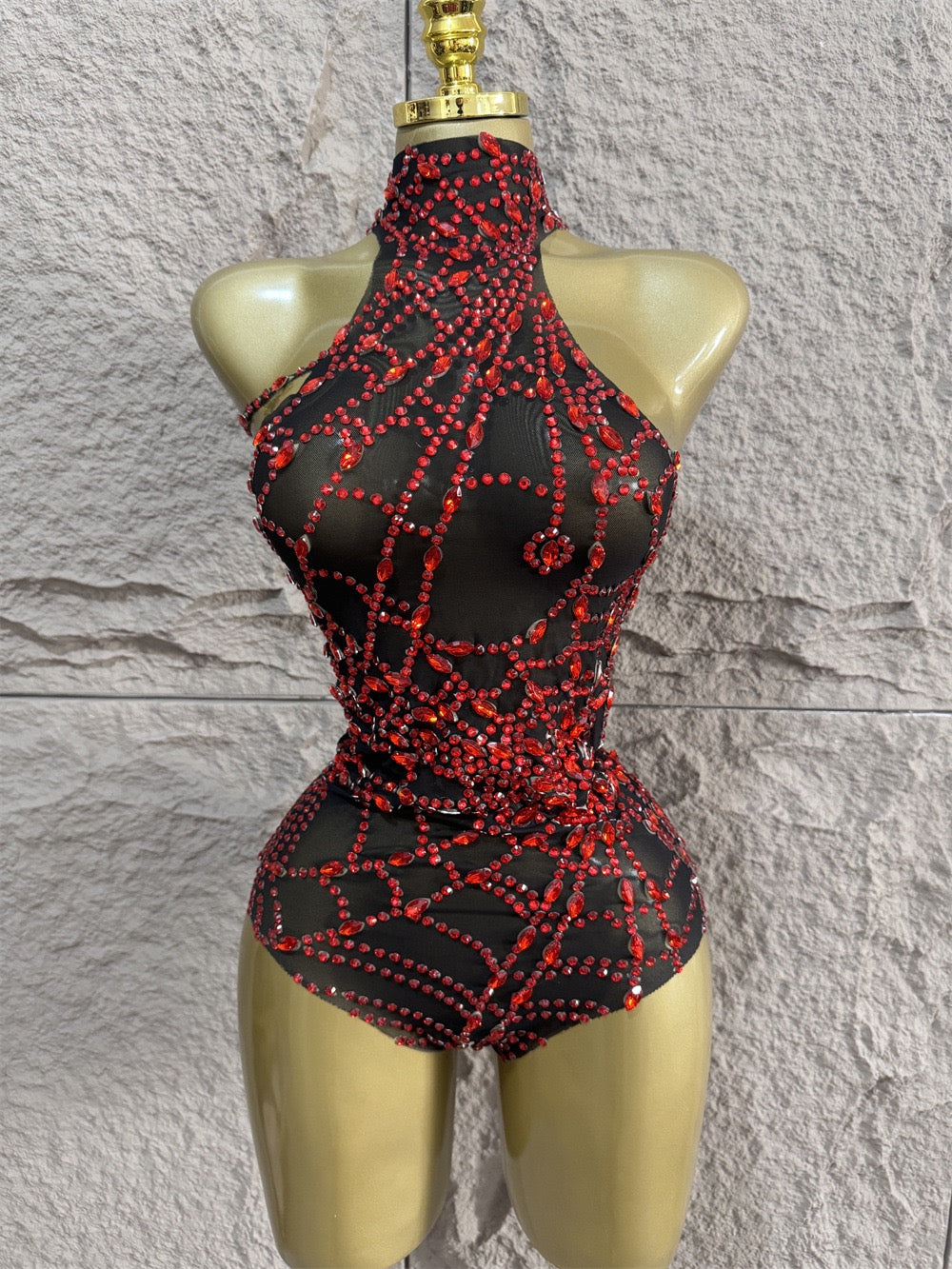Sexy halterneck casual diamond mesh bodysuit