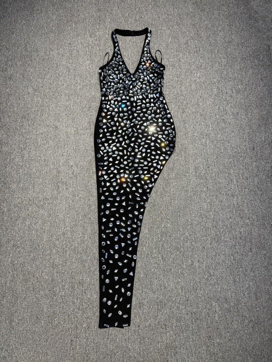 Halter rhinestone asymmetrical high slit dress