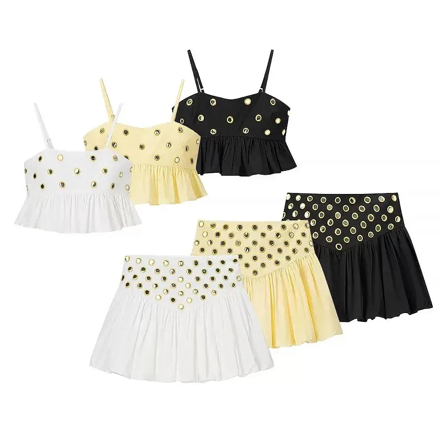 Summer Chic Eyelet Ruffle Tops & Skirts Set – 3-Color Collection
