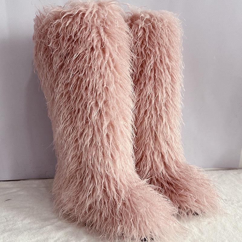 Women's Winter Faux Mongolian Fur Knee High Snow Boots-Warm Fashionable Solid Boots