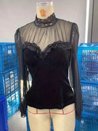 Mesh splicing black lace cut