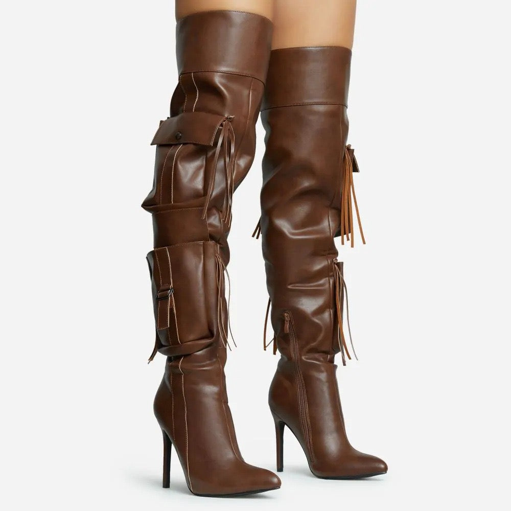 Pocket tassel over knee stiletto boots