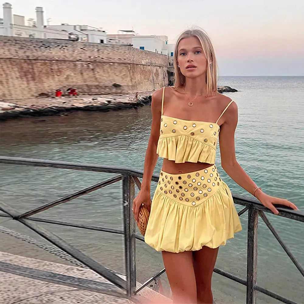 Summer Chic Eyelet Ruffle Tops & Skirts Set – 3-Color Collection