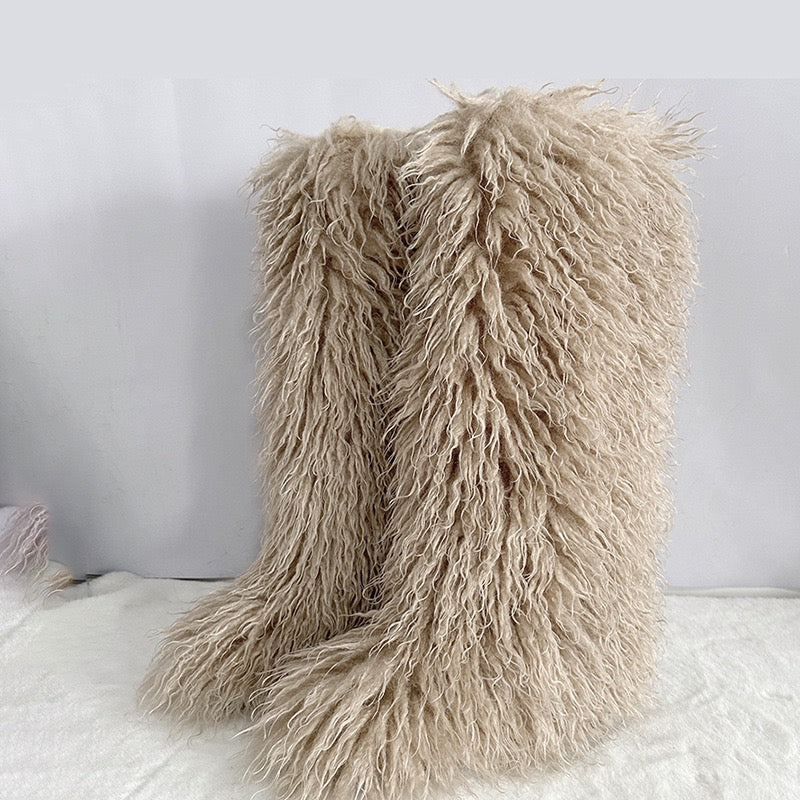 Women's Winter Faux Mongolian Fur Knee High Snow Boots-Warm Fashionable Solid Boots