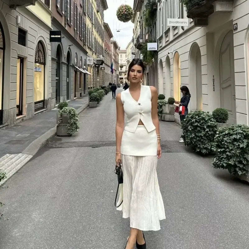 Elegant Plum Two-Piece Set – Sleeveless Button Vest & Pleated Midi Skirt