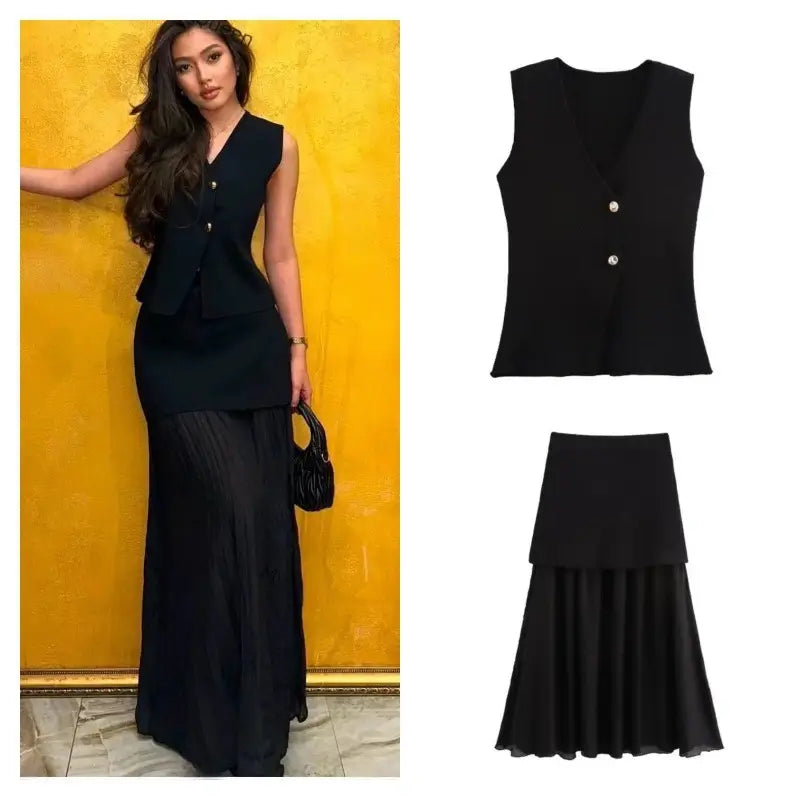 Elegant Plum Two-Piece Set – Sleeveless Button Vest & Pleated Midi Skirt