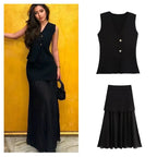 Elegant Plum Two-Piece Set – Sleeveless Button Vest & Pleated Midi Skirt