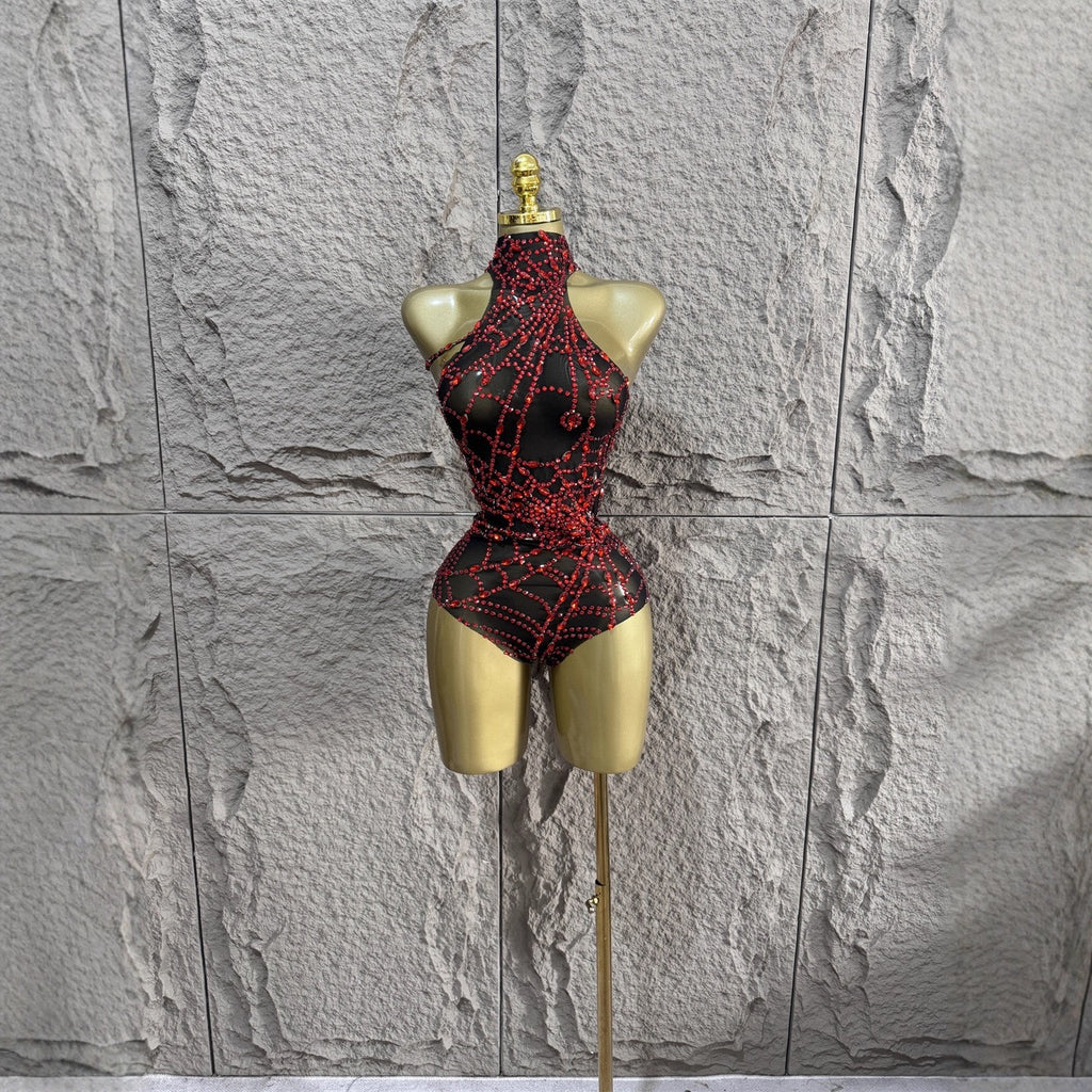 Sexy halterneck casual diamond mesh bodysuit