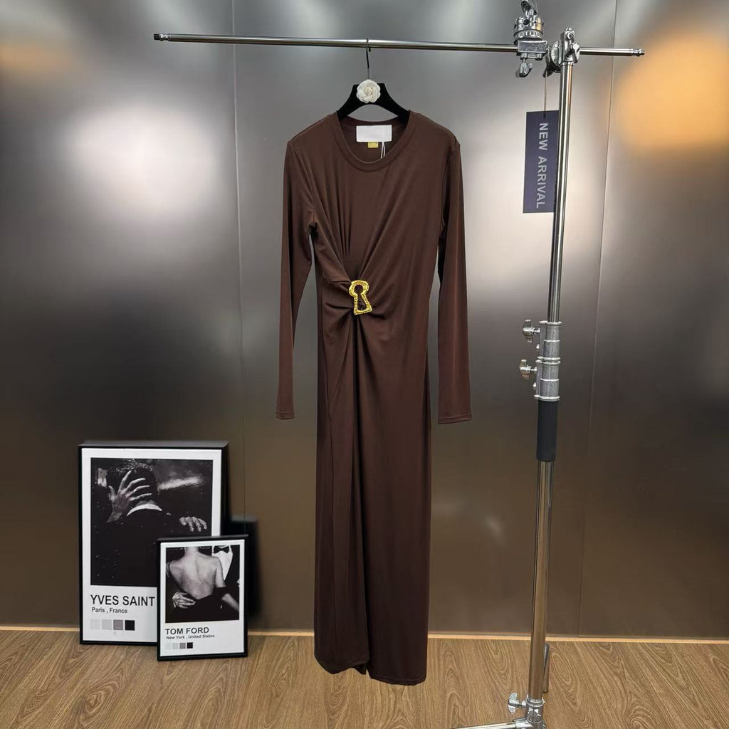 Jersey maxi dress with metallic decor at the waist