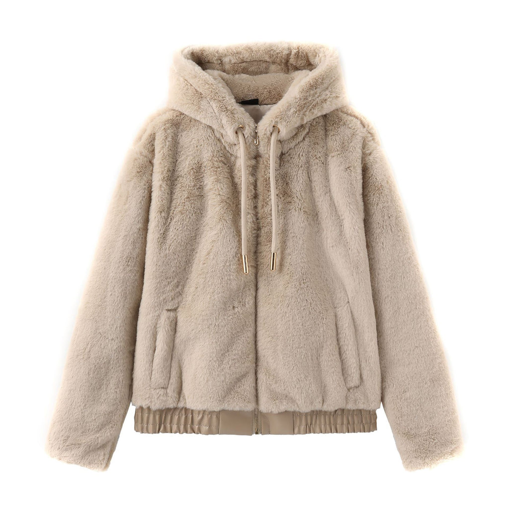 Women Faux Fur Hooded Overcoat Plush Coat Hoodie