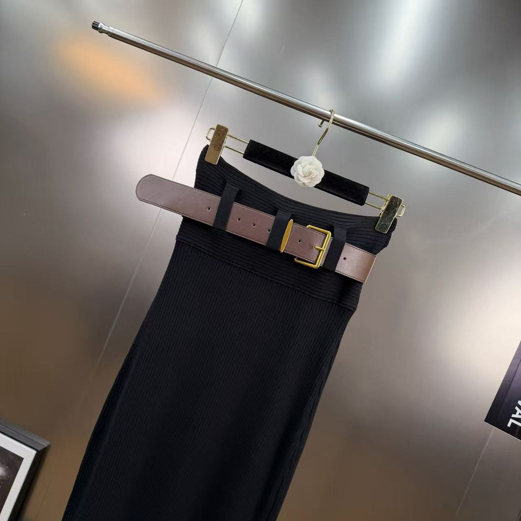 Lapel ribbed belted skirt with top