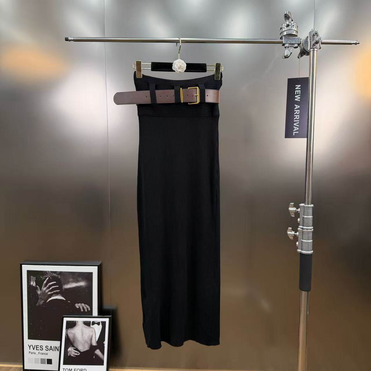 Lapel ribbed belted skirt with top